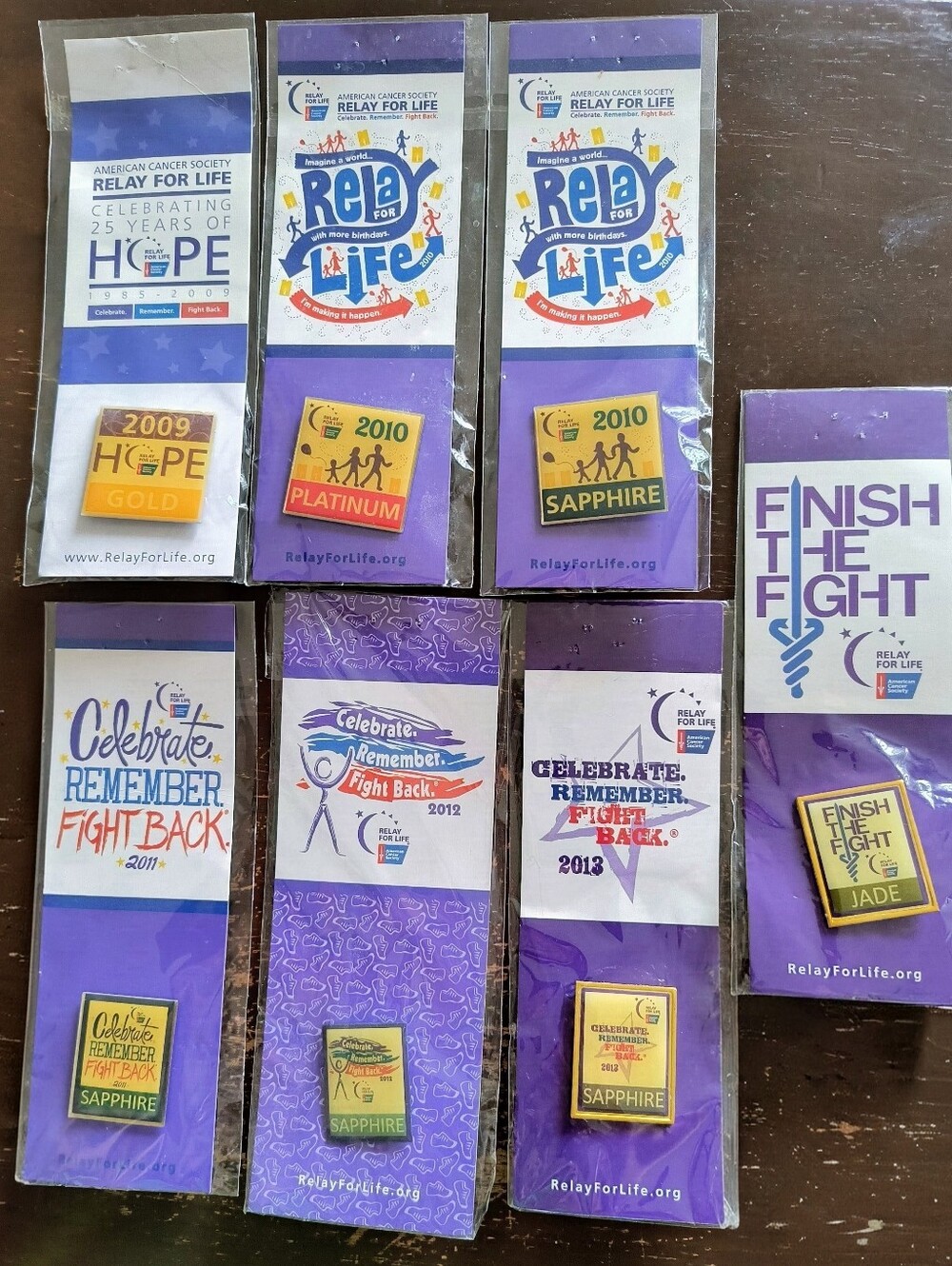 7 American Cancer Society "Relay For Life" Lapel Pins 2009-2013